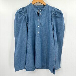 J. Crew Chambray Blue Ruffle Long Sleeve Popover Denim Small Blouse NWT